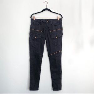 PYLO Black Moto Gold Zipper 7 Pocket Eco Friendly Mid Rise Cargo Skinny Jeans